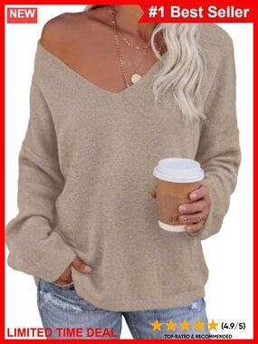 V Neck Loose Knitted Lightweight Pullover Sweater Long Sleeve Casual